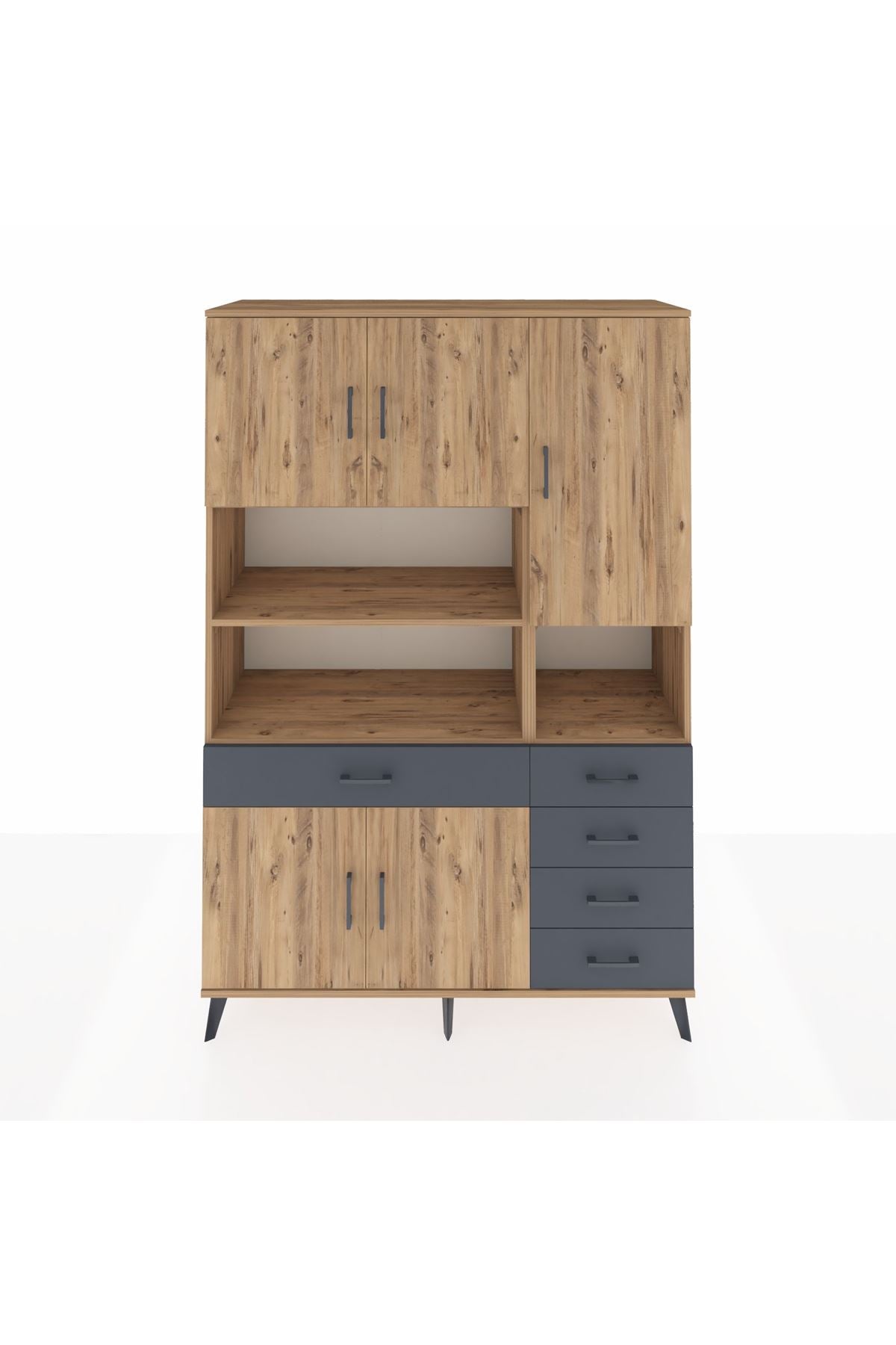 Hyperion Dolap 9 Raflı 5 Çekmeceli 5 Kapaklı 132x44x195 Çam-Çam/Antrasit
