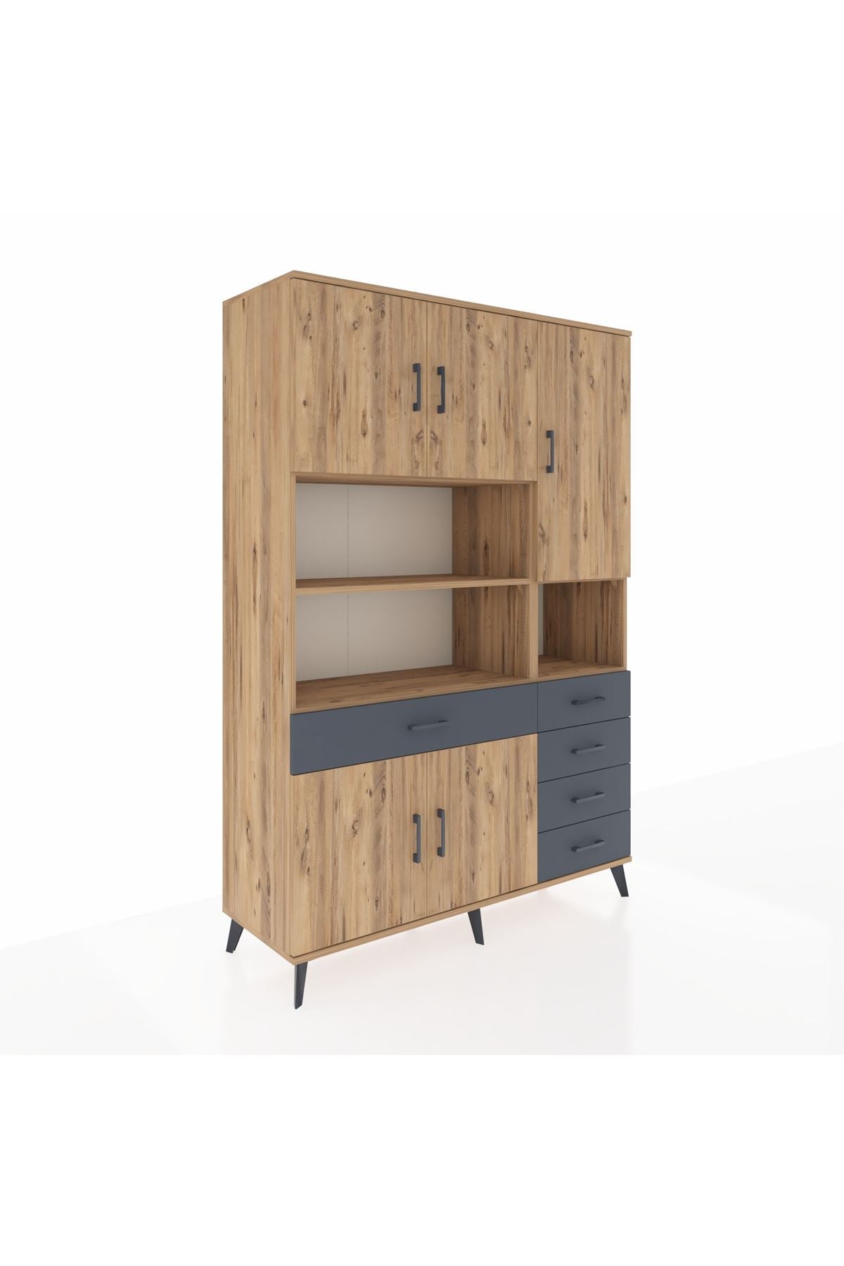 Hyperion Dolap 9 Raflı 5 Çekmeceli 5 Kapaklı 132x44x195 Çam-Çam/Antrasit