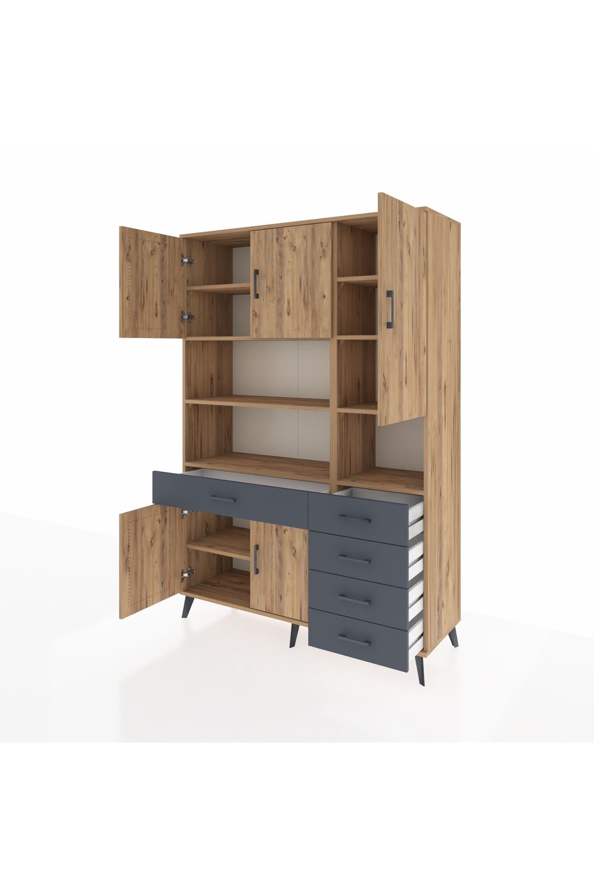 Hyperion Dolap 9 Raflı 5 Çekmeceli 5 Kapaklı 132x44x195 Çam-Çam/Antrasit