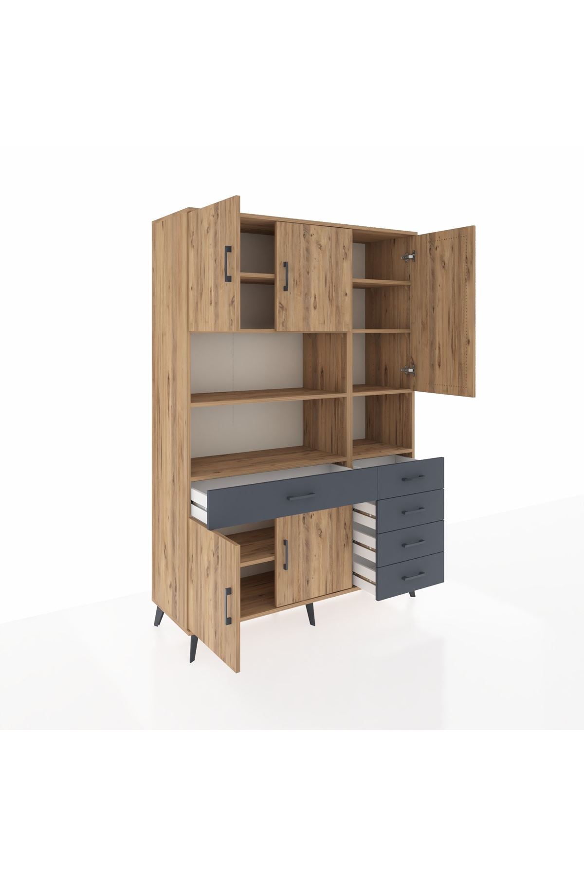 Hyperion Dolap 9 Raflı 5 Çekmeceli 5 Kapaklı 132x44x195 Çam-Çam/Antrasit