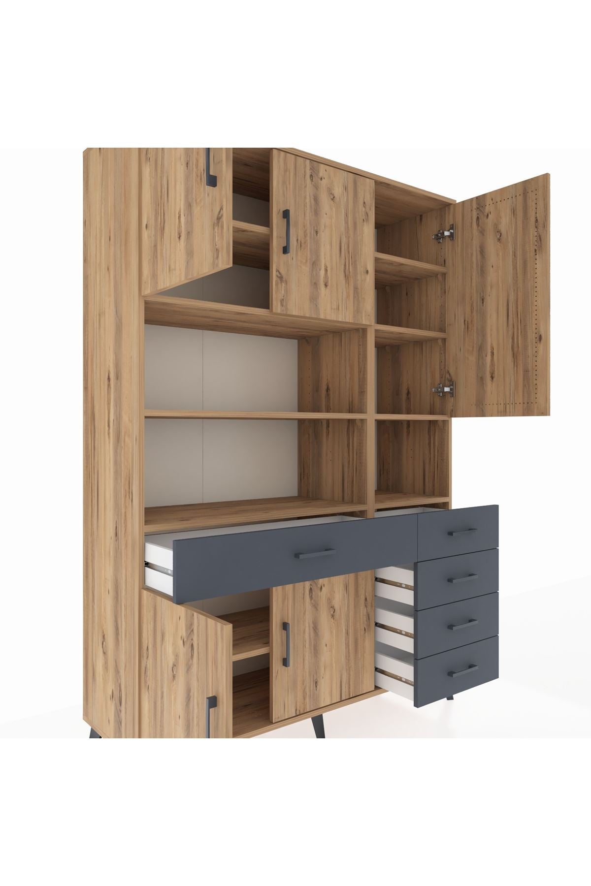Hyperion Dolap 9 Raflı 5 Çekmeceli 5 Kapaklı 132x44x195 Çam-Çam/Antrasit