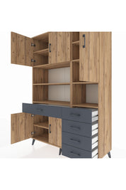 Hyperion Dolap 9 Raflı 5 Çekmeceli 5 Kapaklı 132x44x195 Çam-Çam/Antrasit