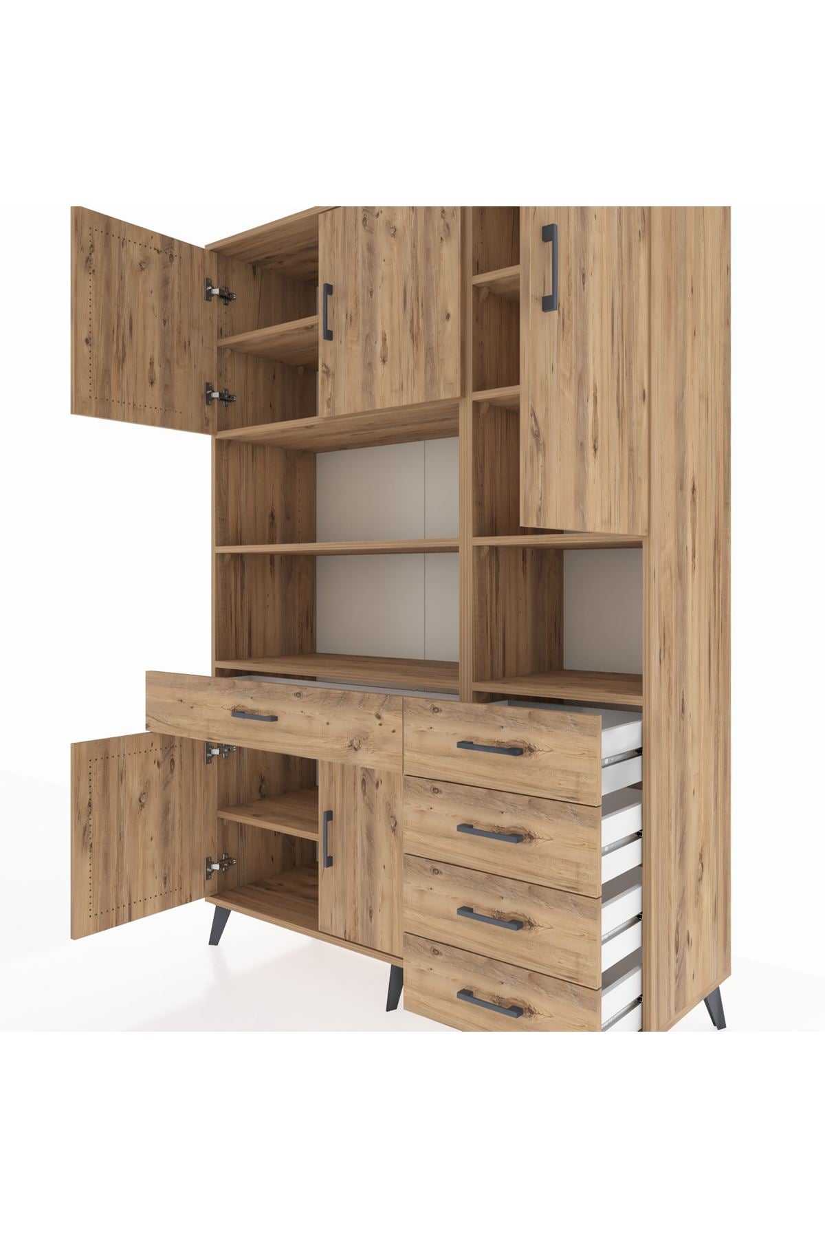 Hyperion Dolap 9 Raflı 5 Çekmeceli 5 Kapaklı 132x44x195 Çam-Çam/Çam