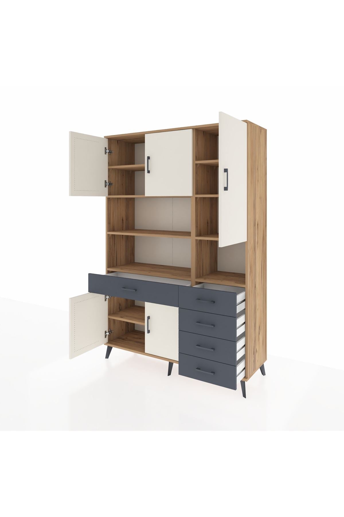 Hyperion Dolap 9 Raflı 5 Çekmeceli 5 Kapaklı 132x44x195 Çam-Aytaşı/Antrasit