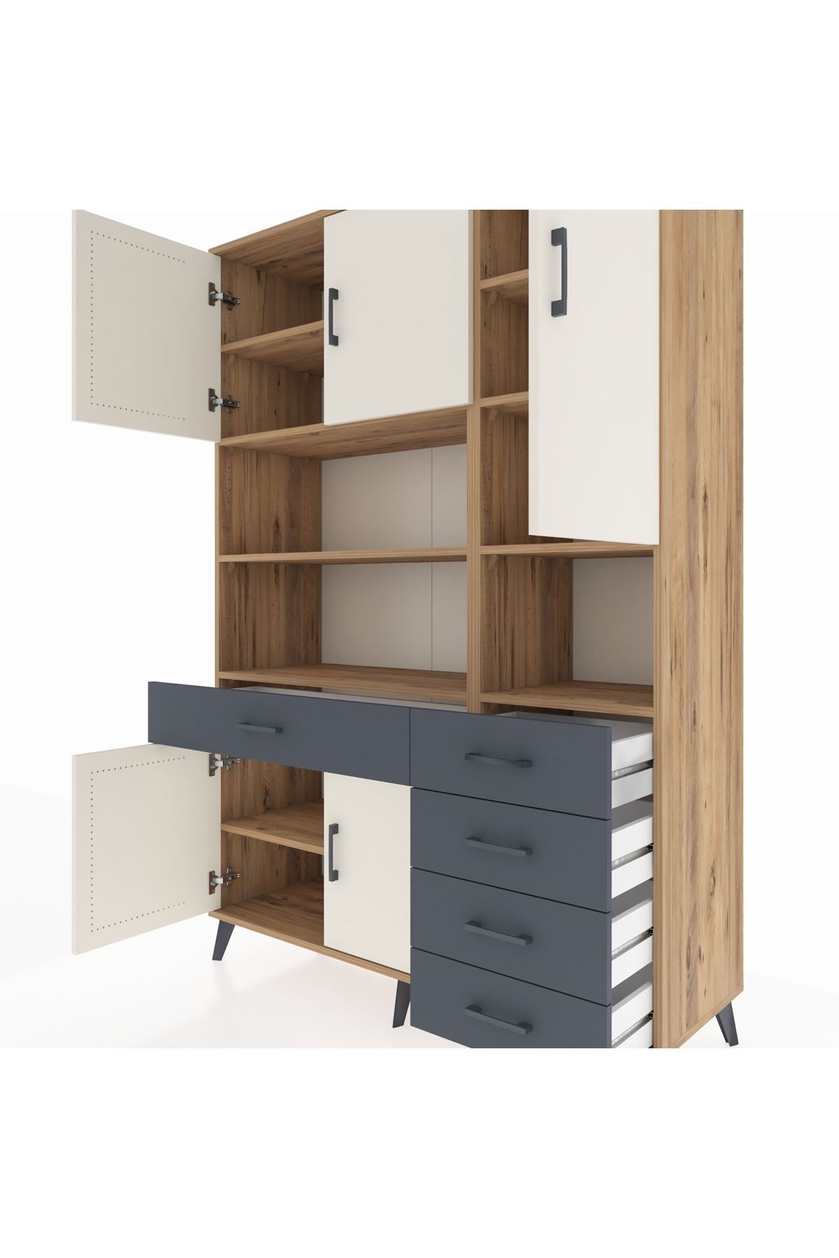 Hyperion Dolap 9 Raflı 5 Çekmeceli 5 Kapaklı 132x44x195 Çam-Aytaşı/Antrasit