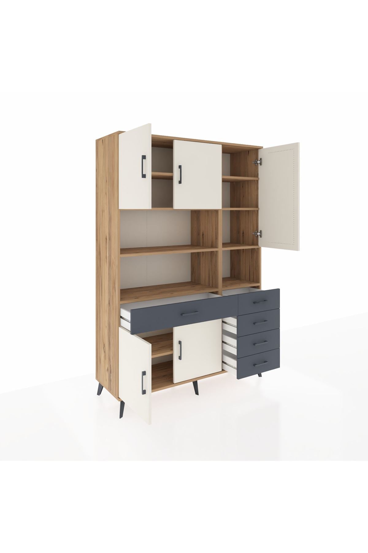 Hyperion Dolap 9 Raflı 5 Çekmeceli 5 Kapaklı 132x44x195 Çam-Aytaşı/Antrasit