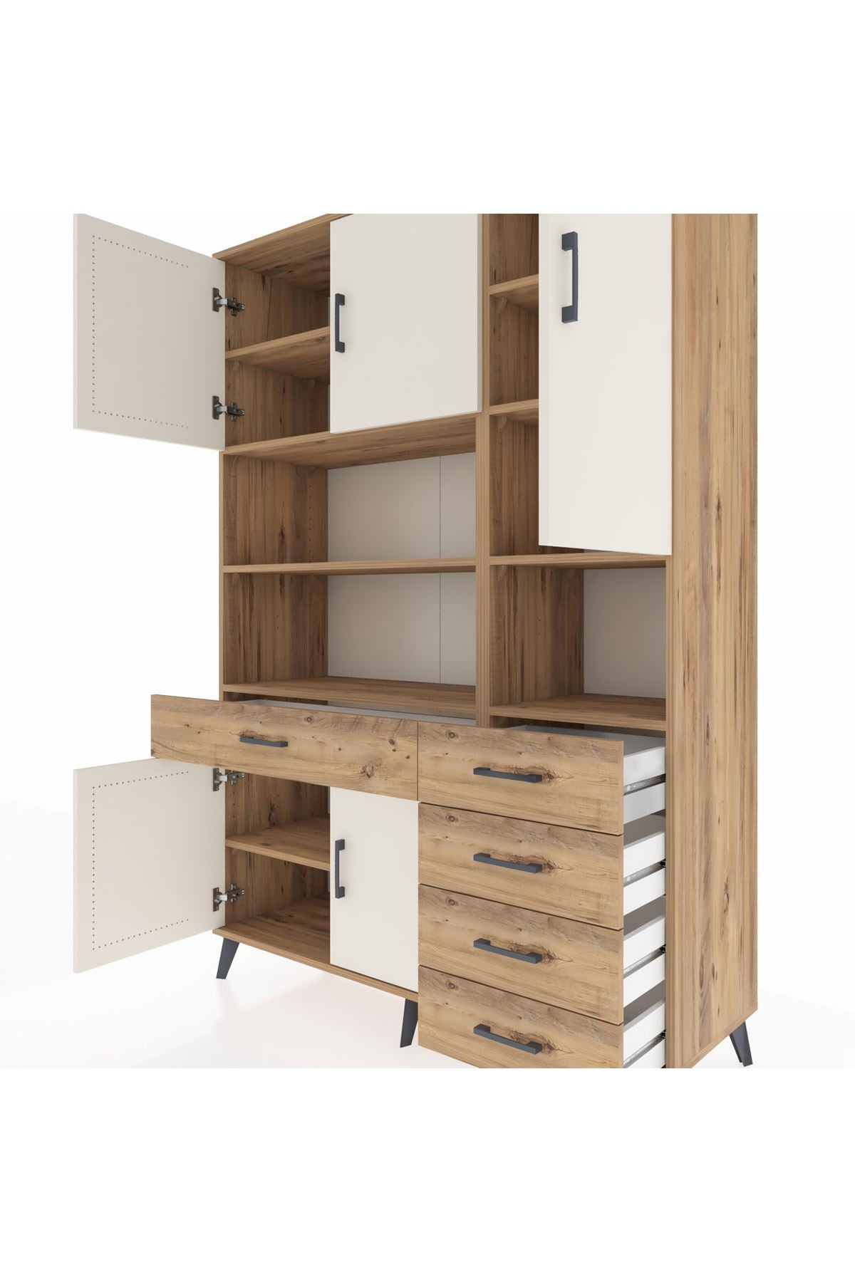 Hyperion Dolap 9 Raflı 5 Çekmeceli 5 Kapaklı 132x44x195 Çam-Aytaşı/Çam