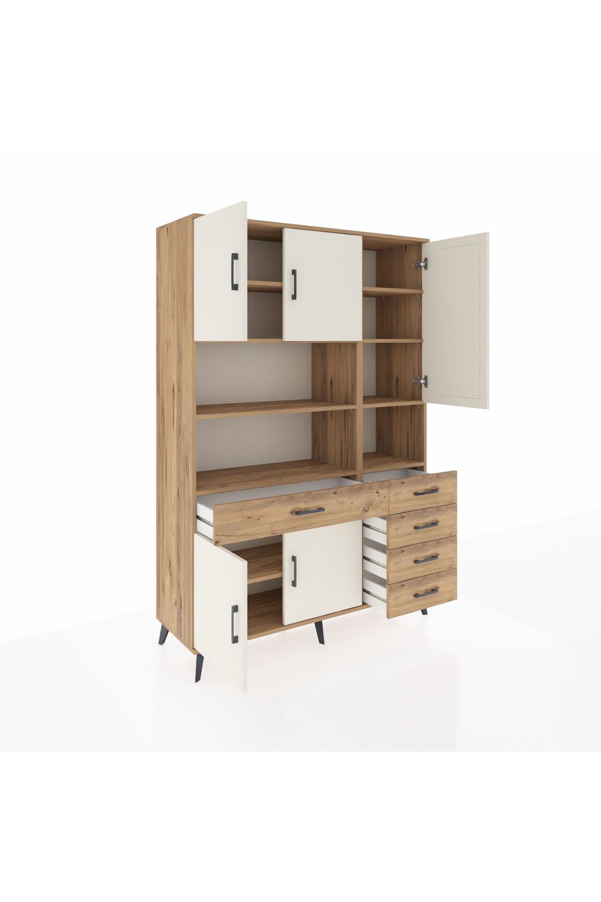 Hyperion Dolap 9 Raflı 5 Çekmeceli 5 Kapaklı 132x44x195 Çam-Aytaşı/Çam