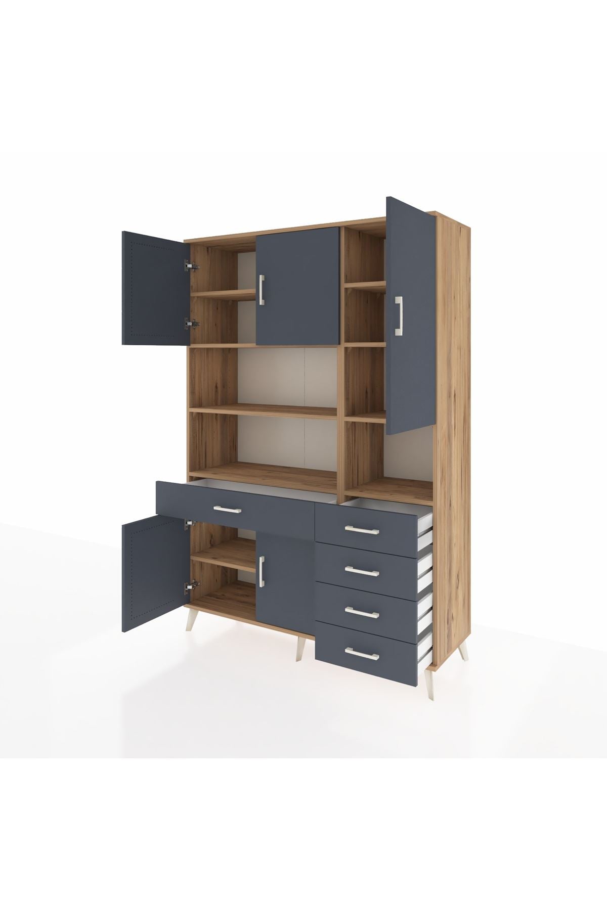 Hyperion Dolap 9 Raflı 5 Çekmeceli 5 Kapaklı 132x44x195 Çam-Antrasit/Antrasit