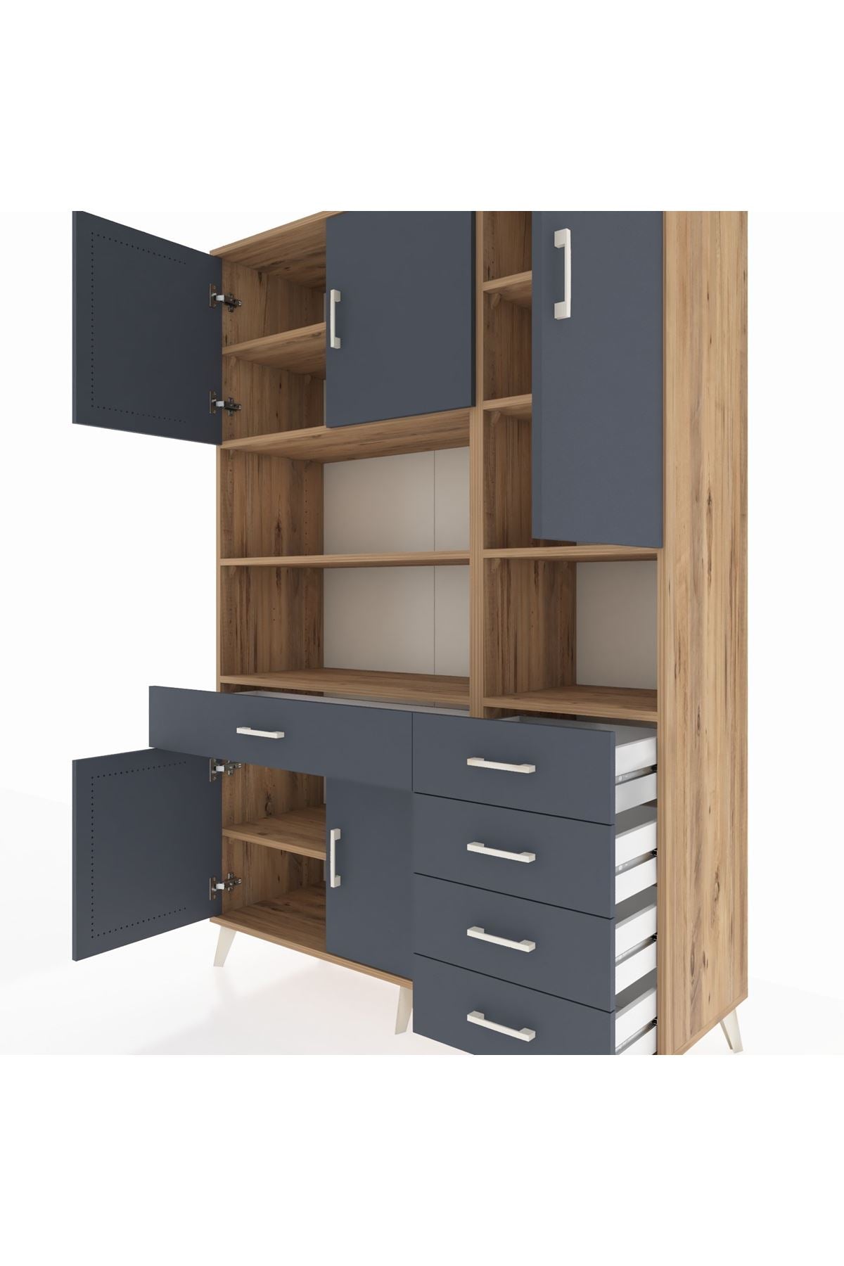 Hyperion Dolap 9 Raflı 5 Çekmeceli 5 Kapaklı 132x44x195 Çam-Antrasit/Antrasit