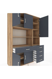 Hyperion Dolap 9 Raflı 5 Çekmeceli 5 Kapaklı 132x44x195 Çam-Antrasit/Antrasit