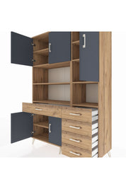 Hyperion Dolap 9 Raflı 5 Çekmeceli 5 Kapaklı 132x44x195 Çam-Antrasit/Çam