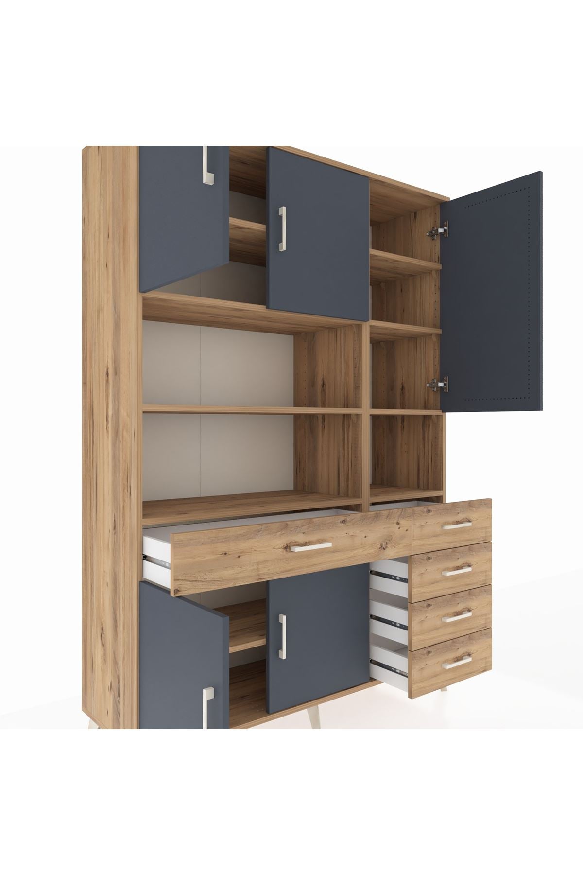 Hyperion Dolap 9 Raflı 5 Çekmeceli 5 Kapaklı 132x44x195 Çam-Antrasit/Çam