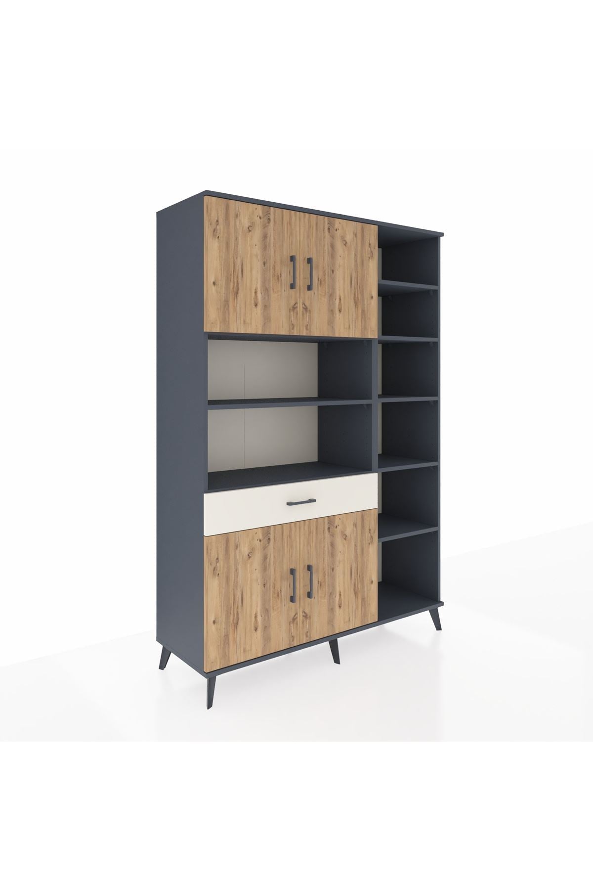 Hyperion Dolap 10 Raflı Tek Çekmeceli 4 Kapaklı 132x44x195 Antrasit-Çam/Aytaşı