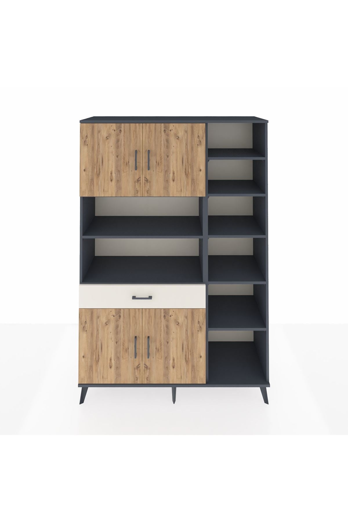 Hyperion Dolap 10 Raflı Tek Çekmeceli 4 Kapaklı 132x44x195 Antrasit-Çam/Aytaşı