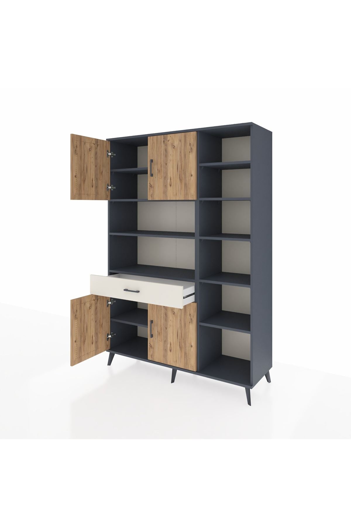 Hyperion Dolap 10 Raflı Tek Çekmeceli 4 Kapaklı 132x44x195 Antrasit-Çam/Aytaşı