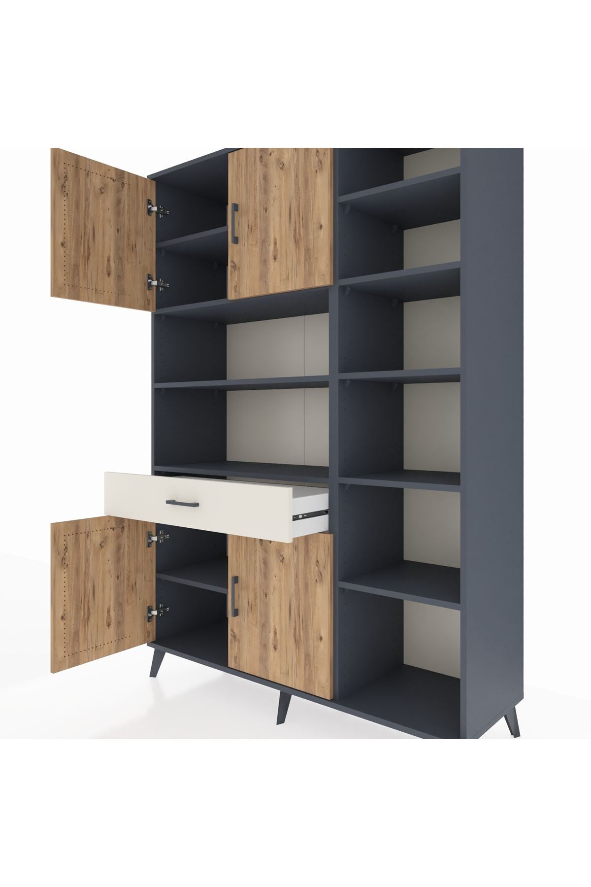 Hyperion Dolap 10 Raflı Tek Çekmeceli 4 Kapaklı 132x44x195 Antrasit-Çam/Aytaşı