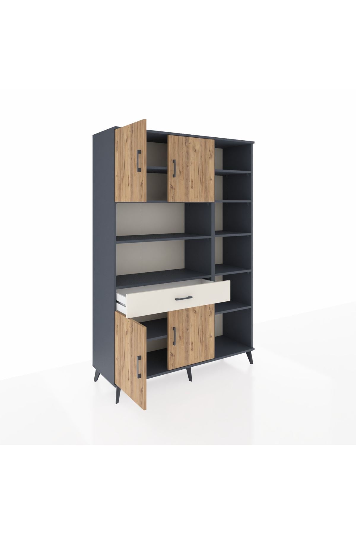 Hyperion Dolap 10 Raflı Tek Çekmeceli 4 Kapaklı 132x44x195 Antrasit-Çam/Aytaşı