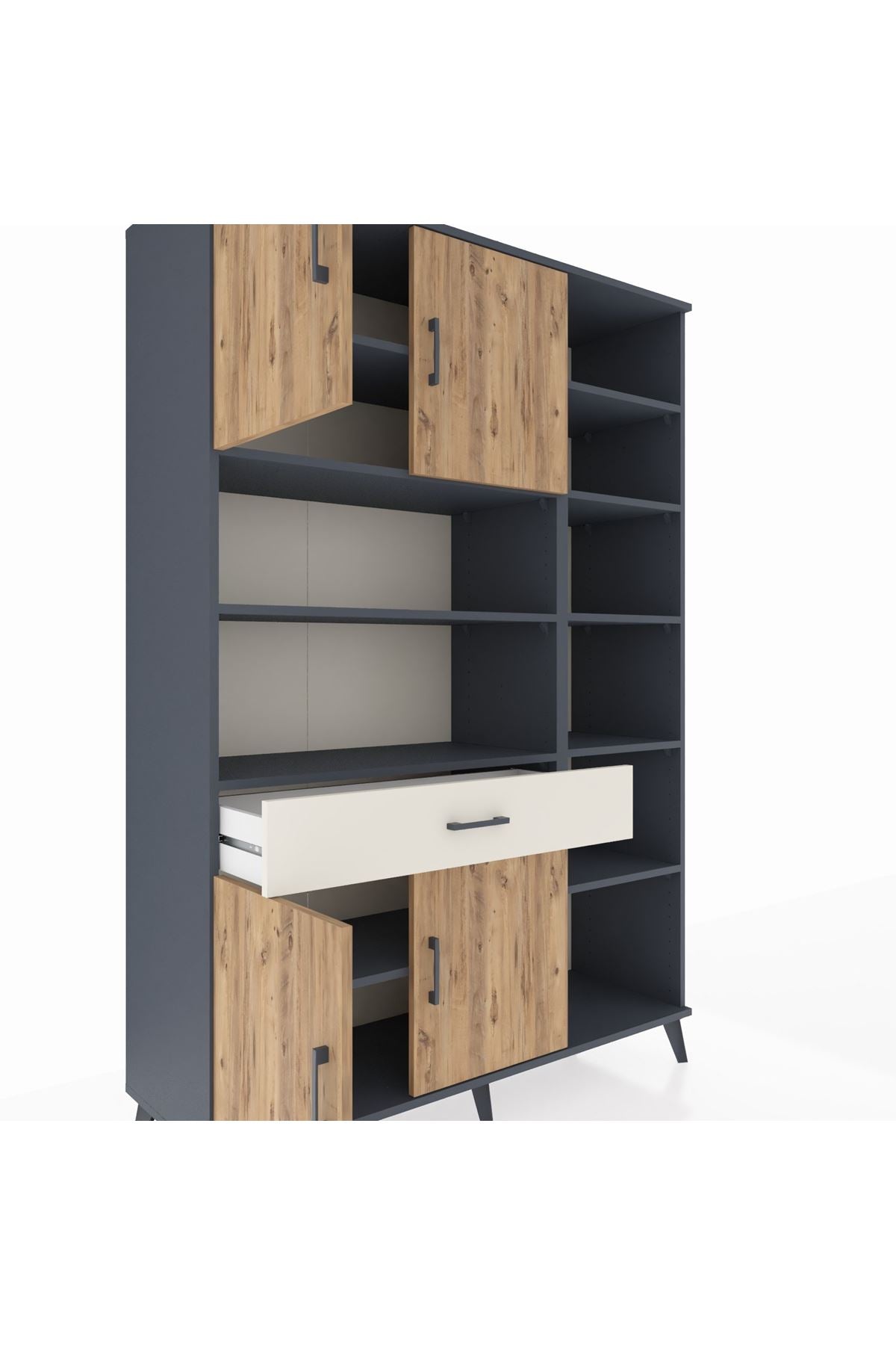Hyperion Dolap 10 Raflı Tek Çekmeceli 4 Kapaklı 132x44x195 Antrasit-Çam/Aytaşı