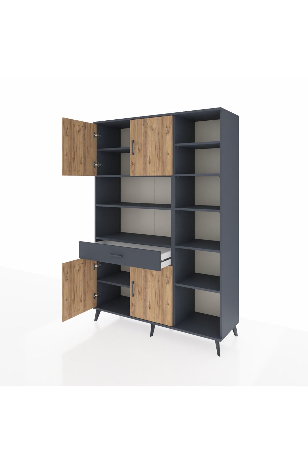 Hyperion Dolap 10 Raflı Tek Çekmeceli 4 Kapaklı 132x44x195 Antrasit-Çam/Antrasit