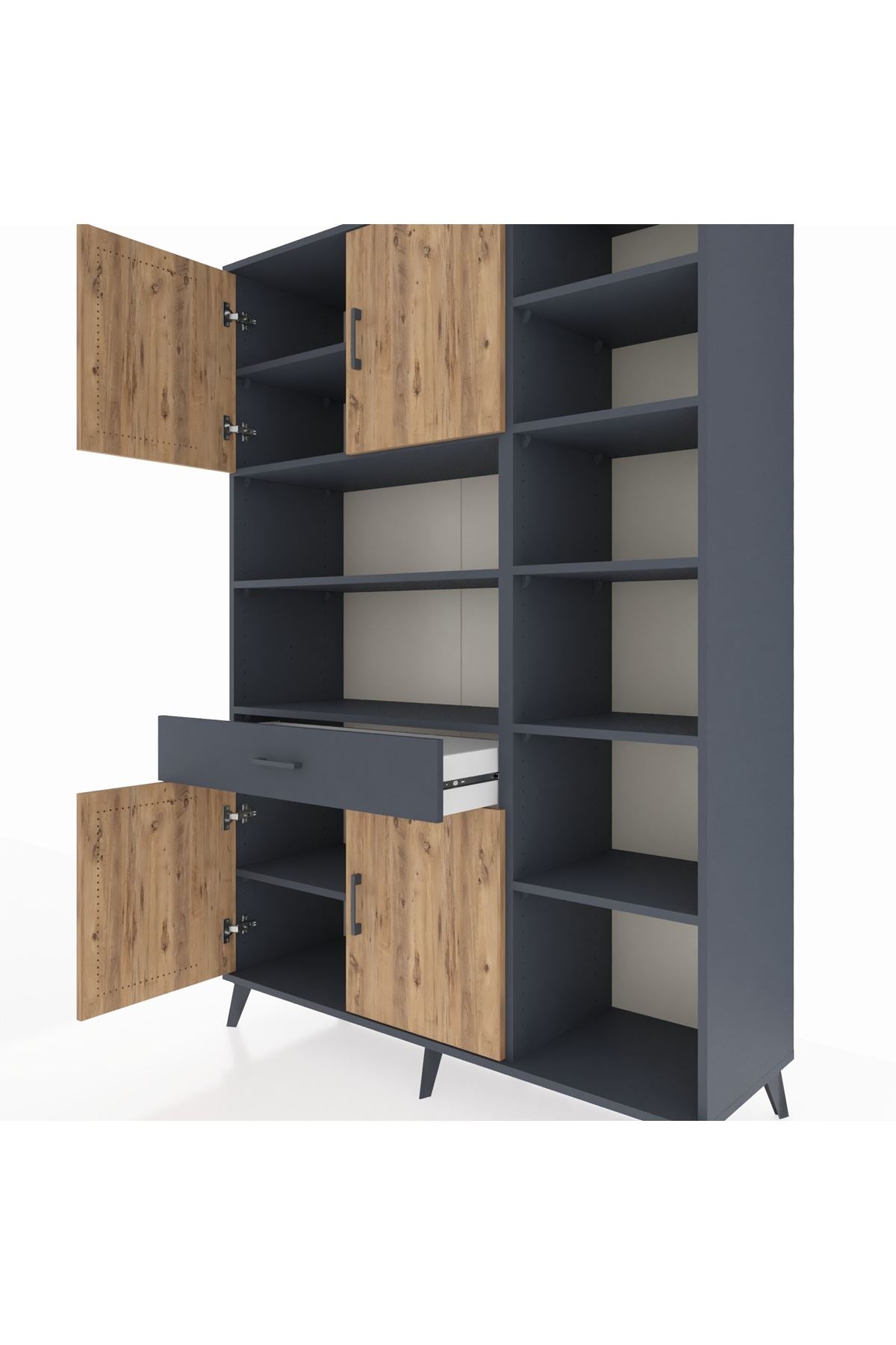 Hyperion Dolap 10 Raflı Tek Çekmeceli 4 Kapaklı 132x44x195 Antrasit-Çam/Antrasit