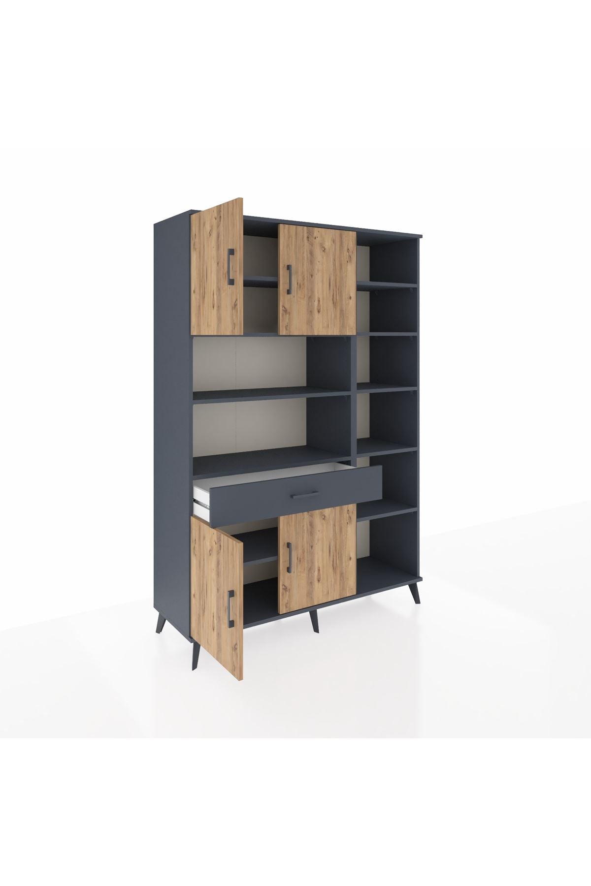 Hyperion Dolap 10 Raflı Tek Çekmeceli 4 Kapaklı 132x44x195 Antrasit-Çam/Antrasit