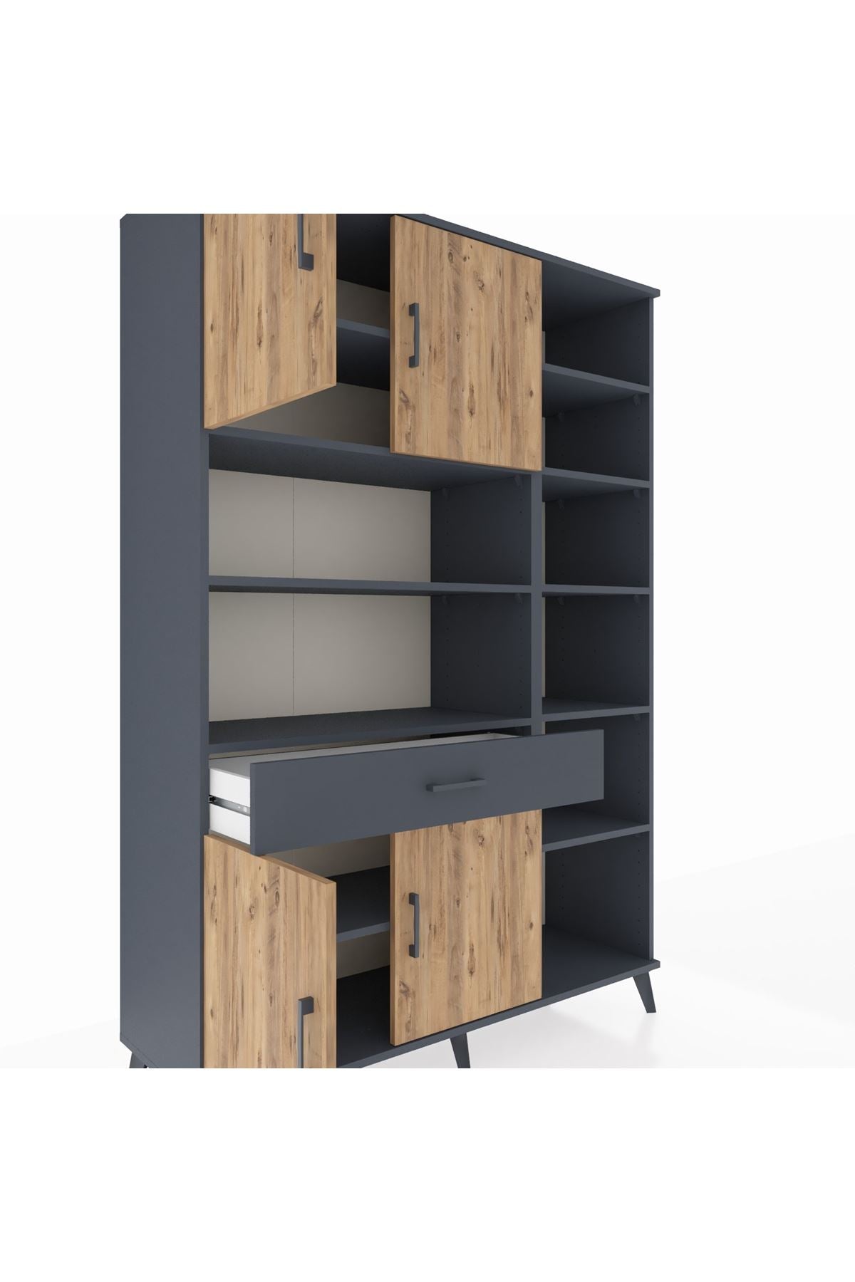 Hyperion Dolap 10 Raflı Tek Çekmeceli 4 Kapaklı 132x44x195 Antrasit-Çam/Antrasit