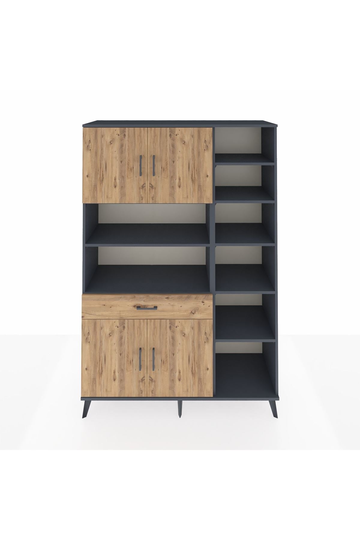 Hyperion Dolap 10 Raflı Tek Çekmeceli 4 Kapaklı 132x44x195 Antrasit-Çam/Çam