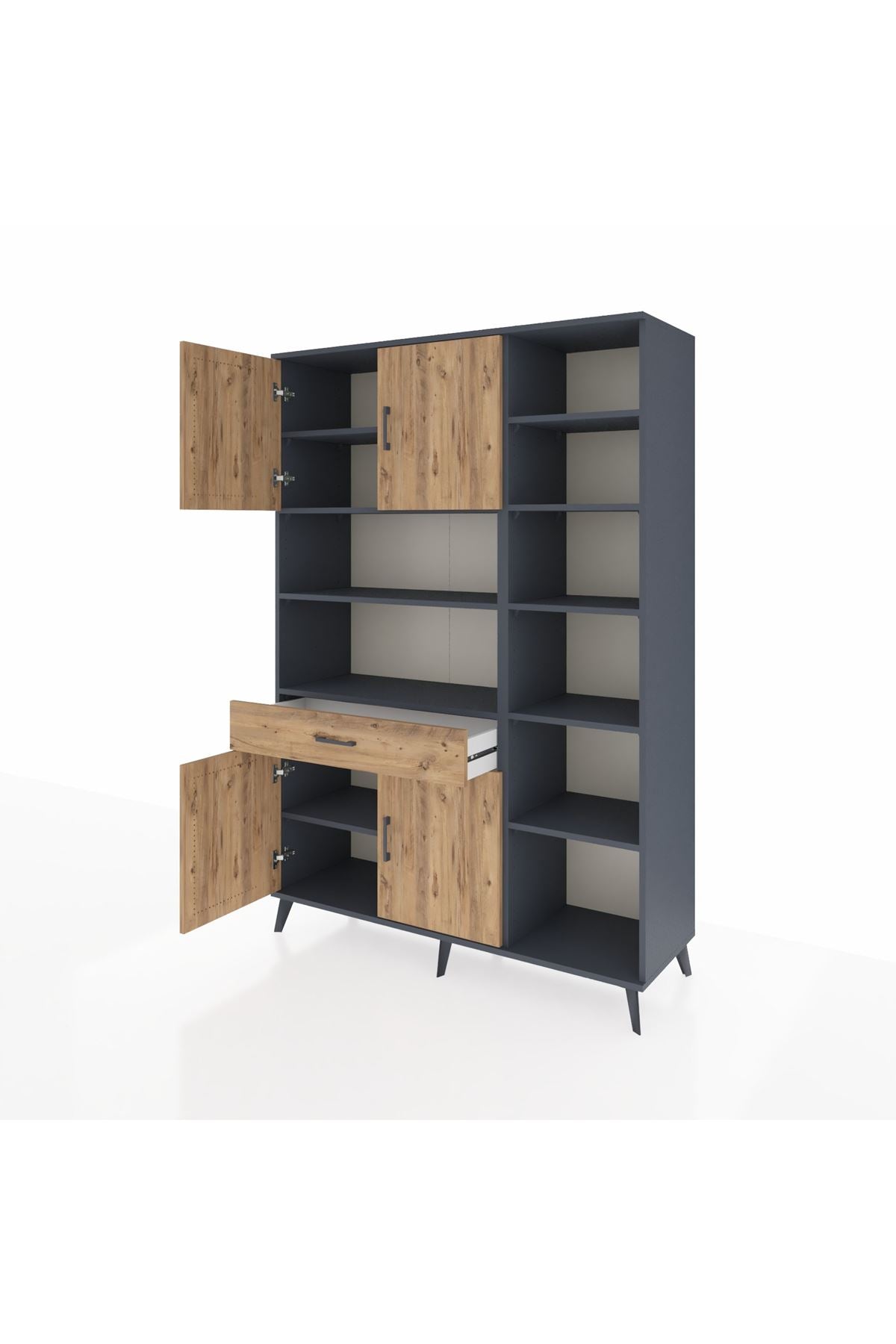 Hyperion Dolap 10 Raflı Tek Çekmeceli 4 Kapaklı 132x44x195 Antrasit-Çam/Çam