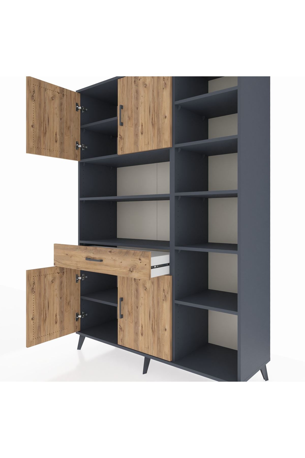 Hyperion Dolap 10 Raflı Tek Çekmeceli 4 Kapaklı 132x44x195 Antrasit-Çam/Çam