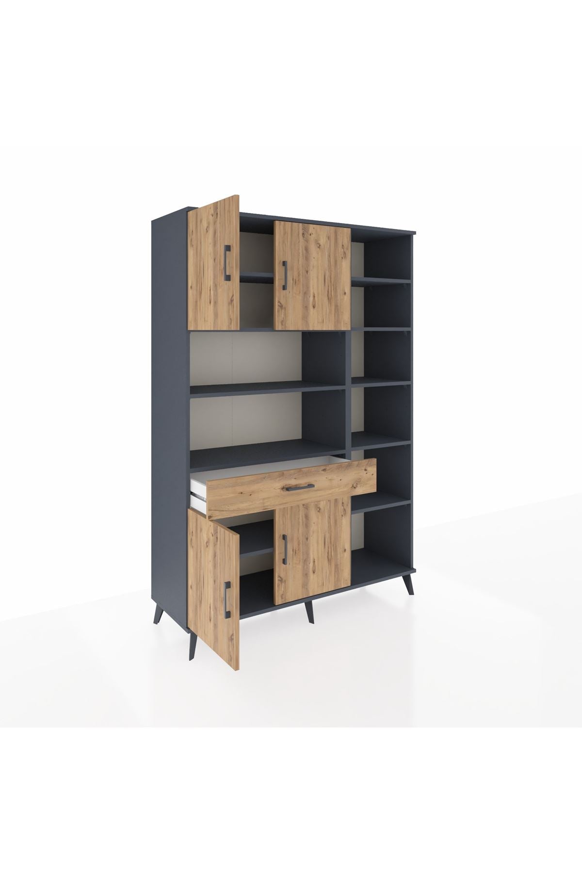 Hyperion Dolap 10 Raflı Tek Çekmeceli 4 Kapaklı 132x44x195 Antrasit-Çam/Çam