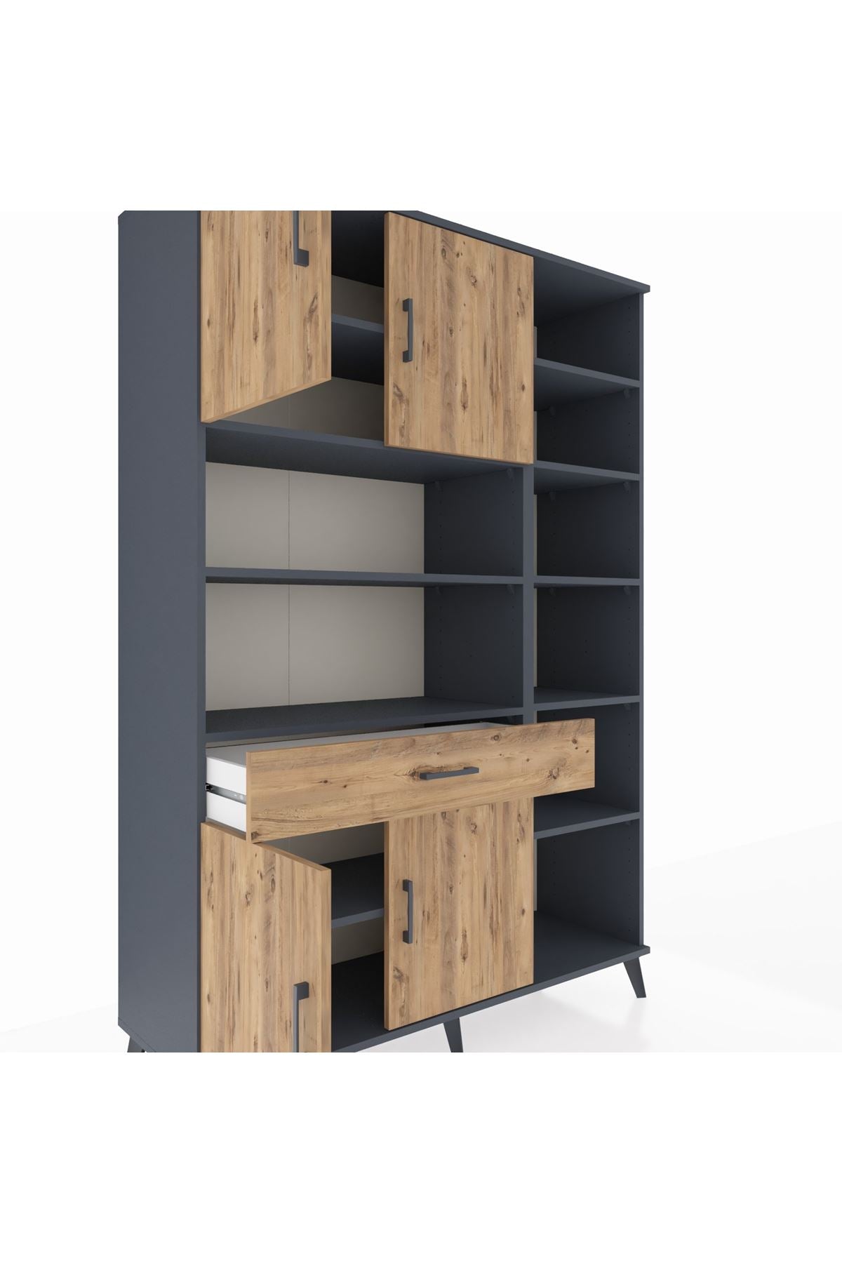 Hyperion Dolap 10 Raflı Tek Çekmeceli 4 Kapaklı 132x44x195 Antrasit-Çam/Çam