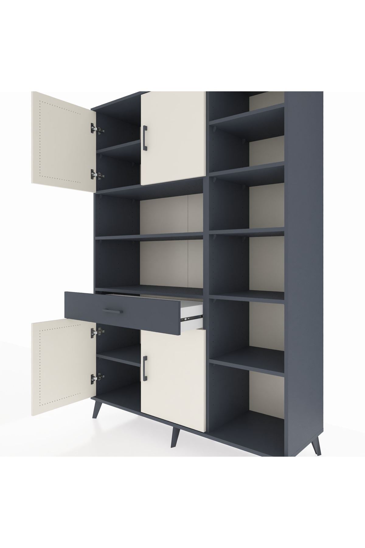 Hyperion Dolap 10 Raflı Tek Çekmeceli 4 Kapaklı 132x44x195 Antrasit-Aytaşı/Antrasit