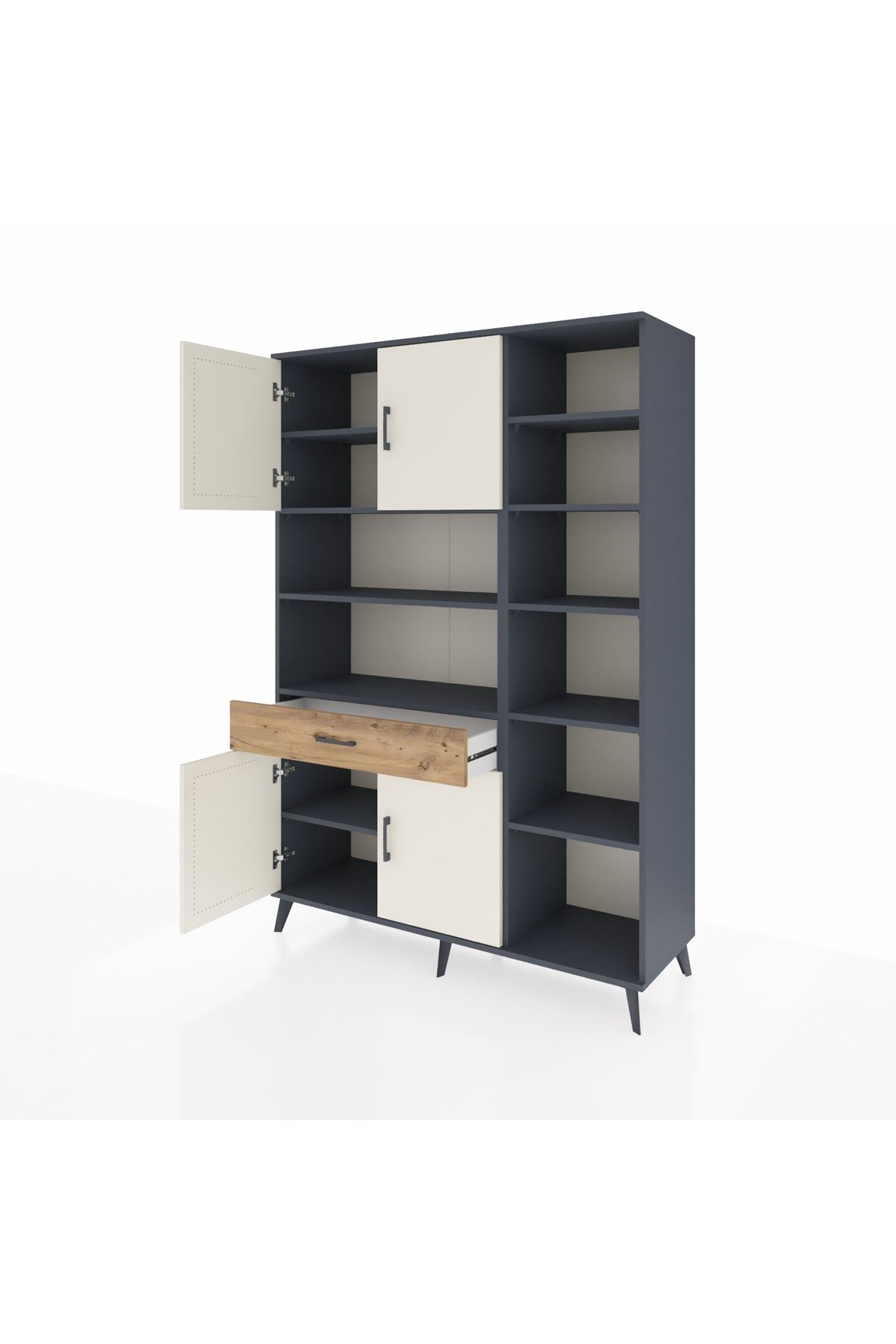 Hyperion Dolap 10 Raflı Tek Çekmeceli 4 Kapaklı 132x44x195 Antrasit-Aytaşı/Çam