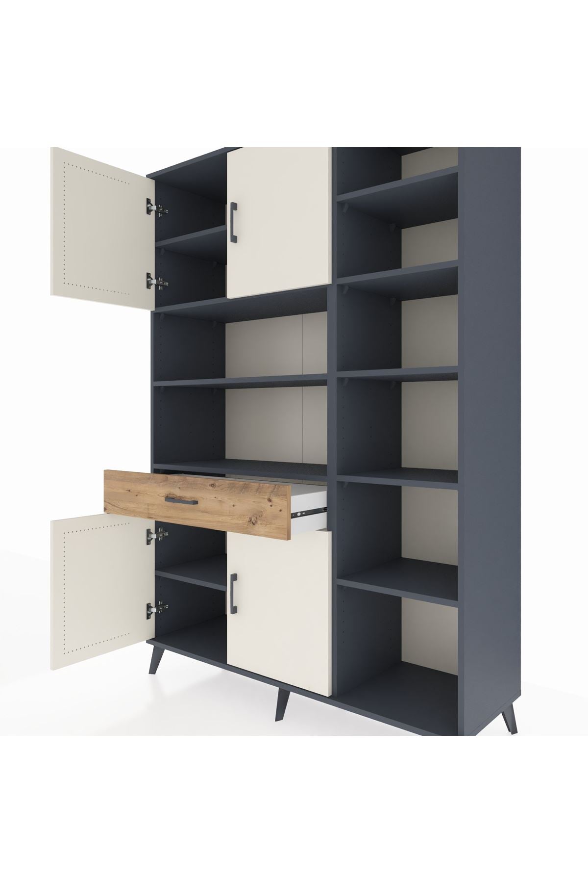 Hyperion Dolap 10 Raflı Tek Çekmeceli 4 Kapaklı 132x44x195 Antrasit-Aytaşı/Çam