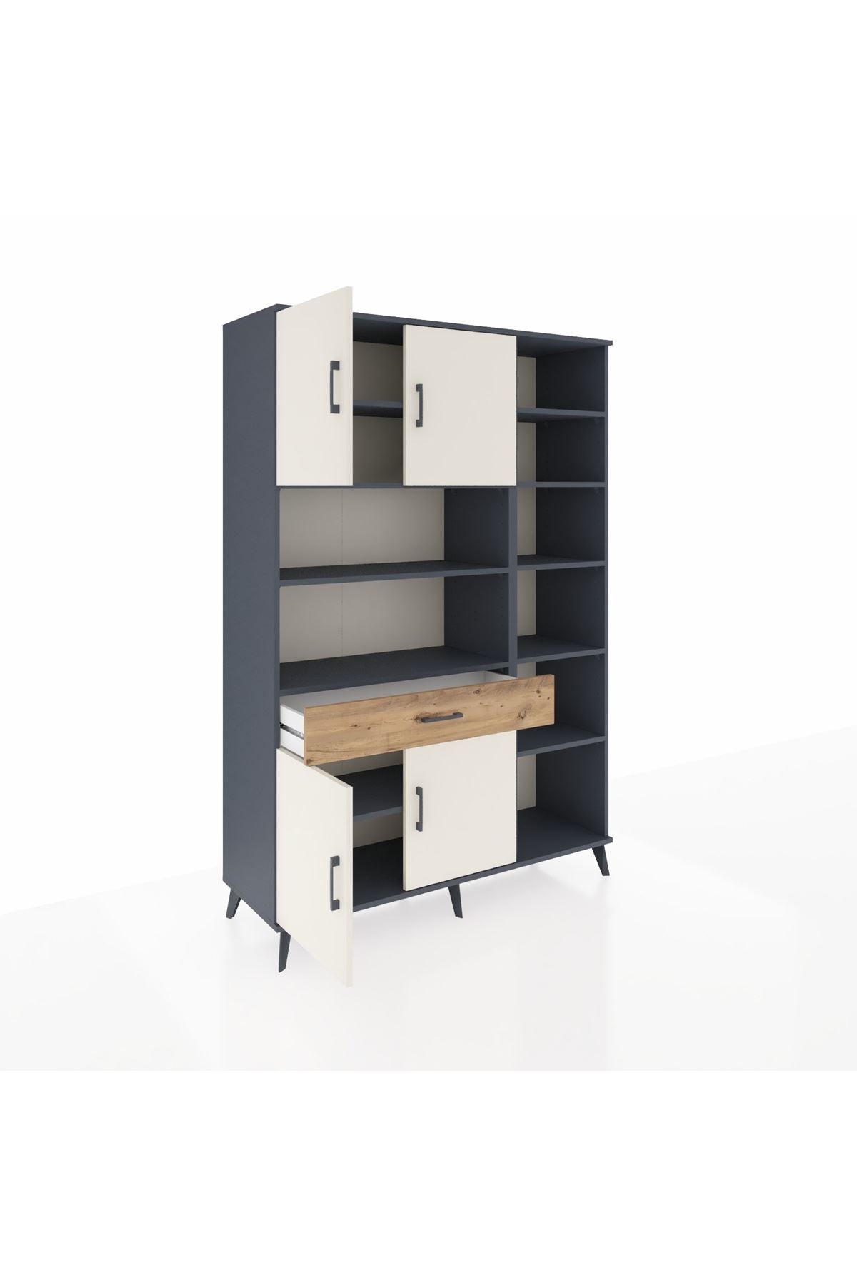 Hyperion Dolap 10 Raflı Tek Çekmeceli 4 Kapaklı 132x44x195 Antrasit-Aytaşı/Çam