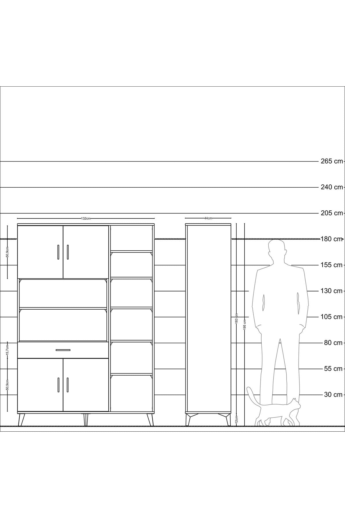Hyperion Dolap 10 Raflı Tek Çekmeceli 4 Kapaklı 132x44x195 Antrasit-Aytaşı/Çam