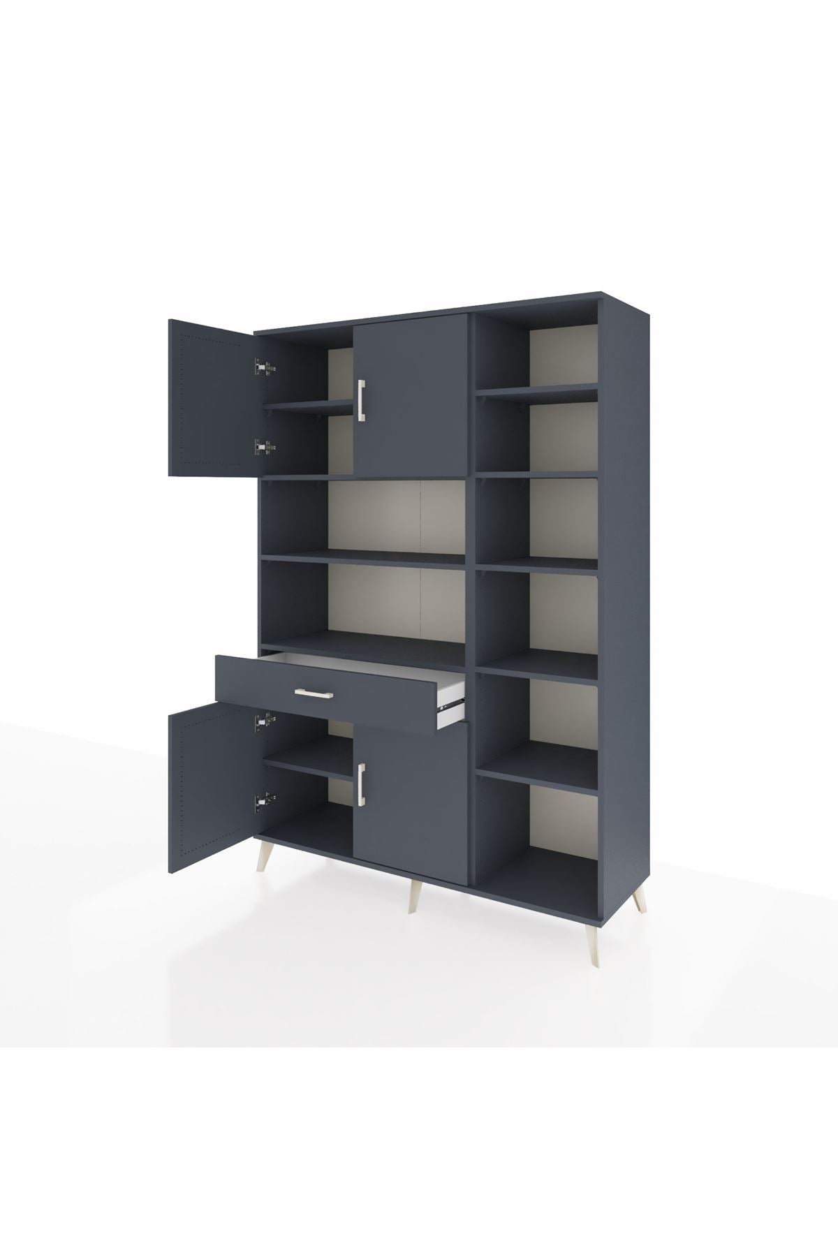 Hyperion Dolap 10 Raflı Tek Çekmeceli 4 Kapaklı 132x44x195 Antrasit-Antrasit/Antrasit