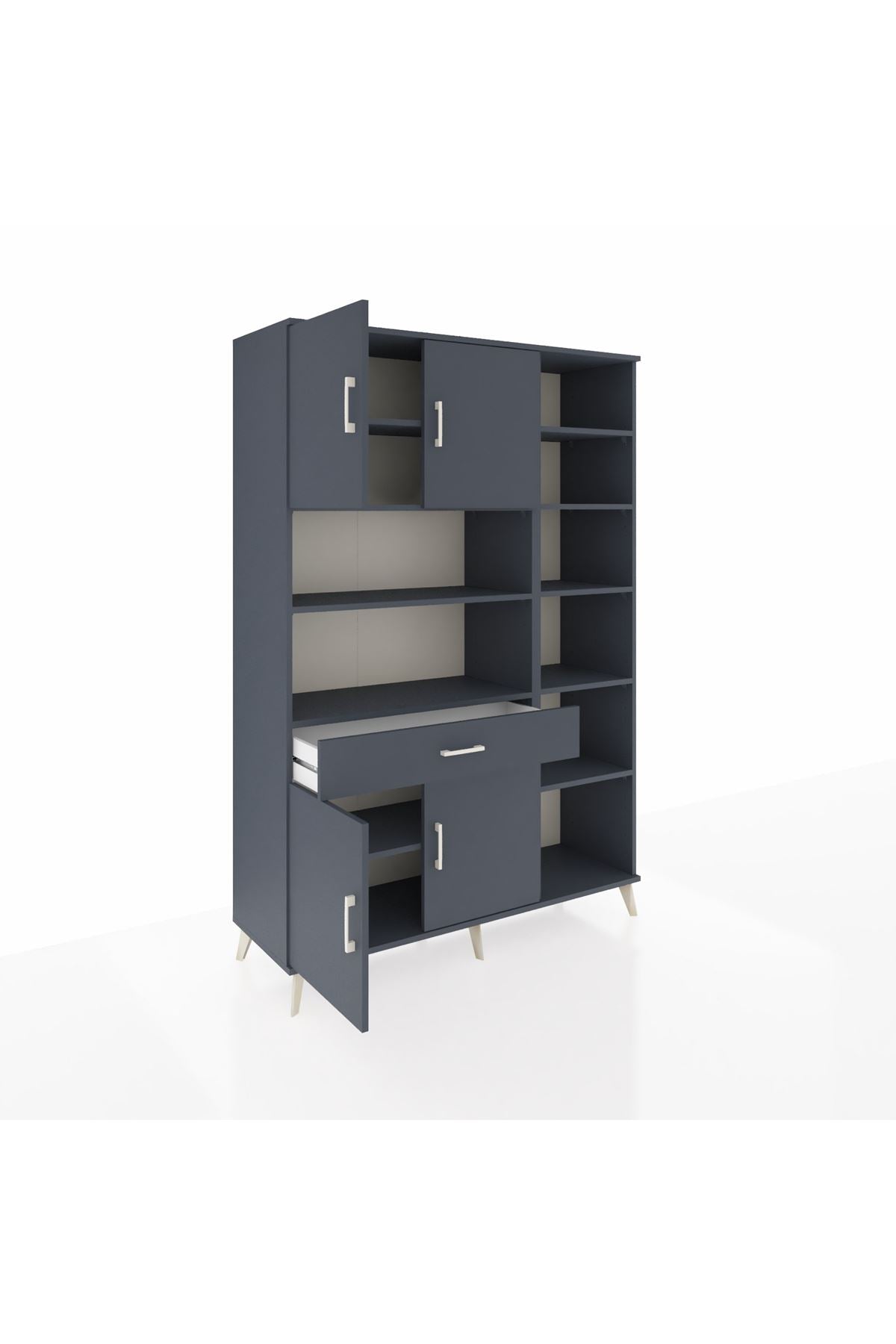 Hyperion Dolap 10 Raflı Tek Çekmeceli 4 Kapaklı 132x44x195 Antrasit-Antrasit/Antrasit