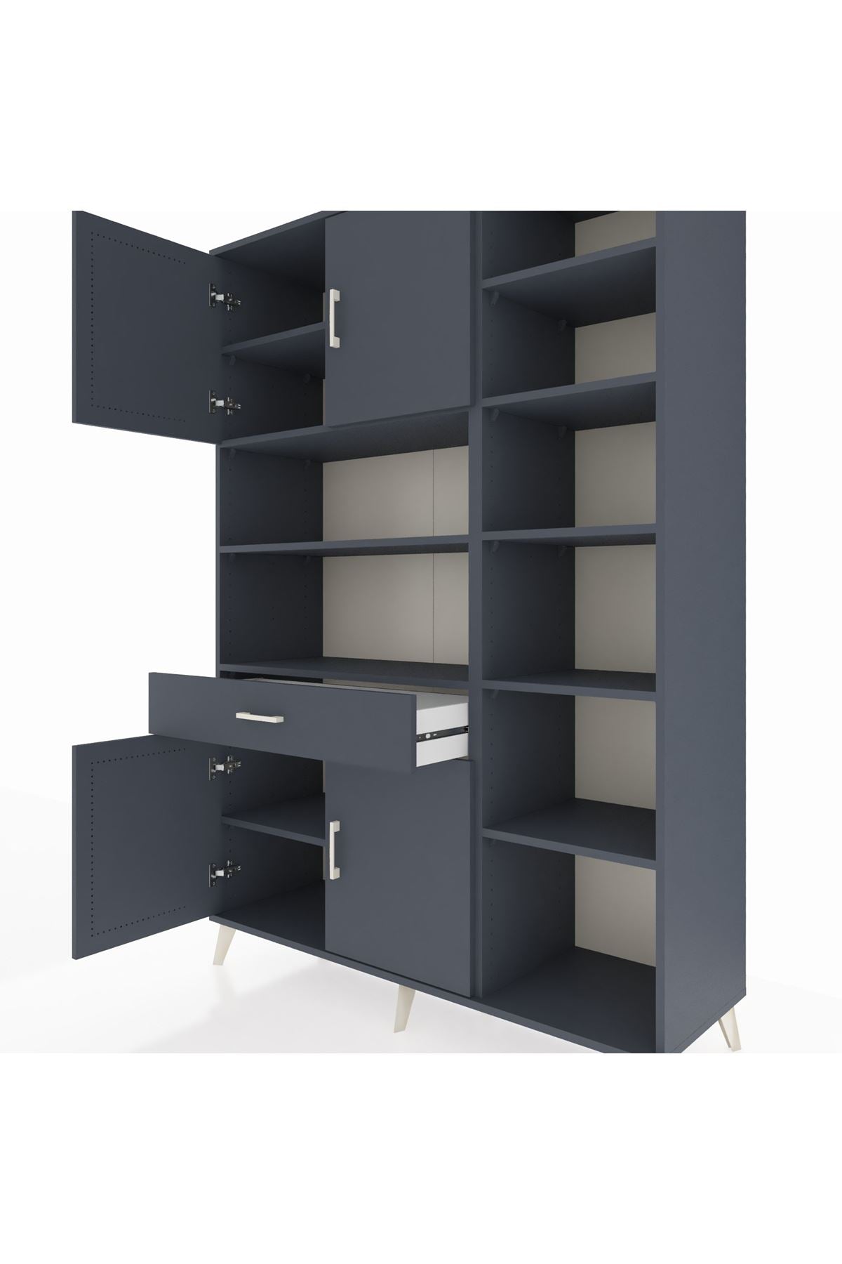 Hyperion Dolap 10 Raflı Tek Çekmeceli 4 Kapaklı 132x44x195 Antrasit-Antrasit/Antrasit