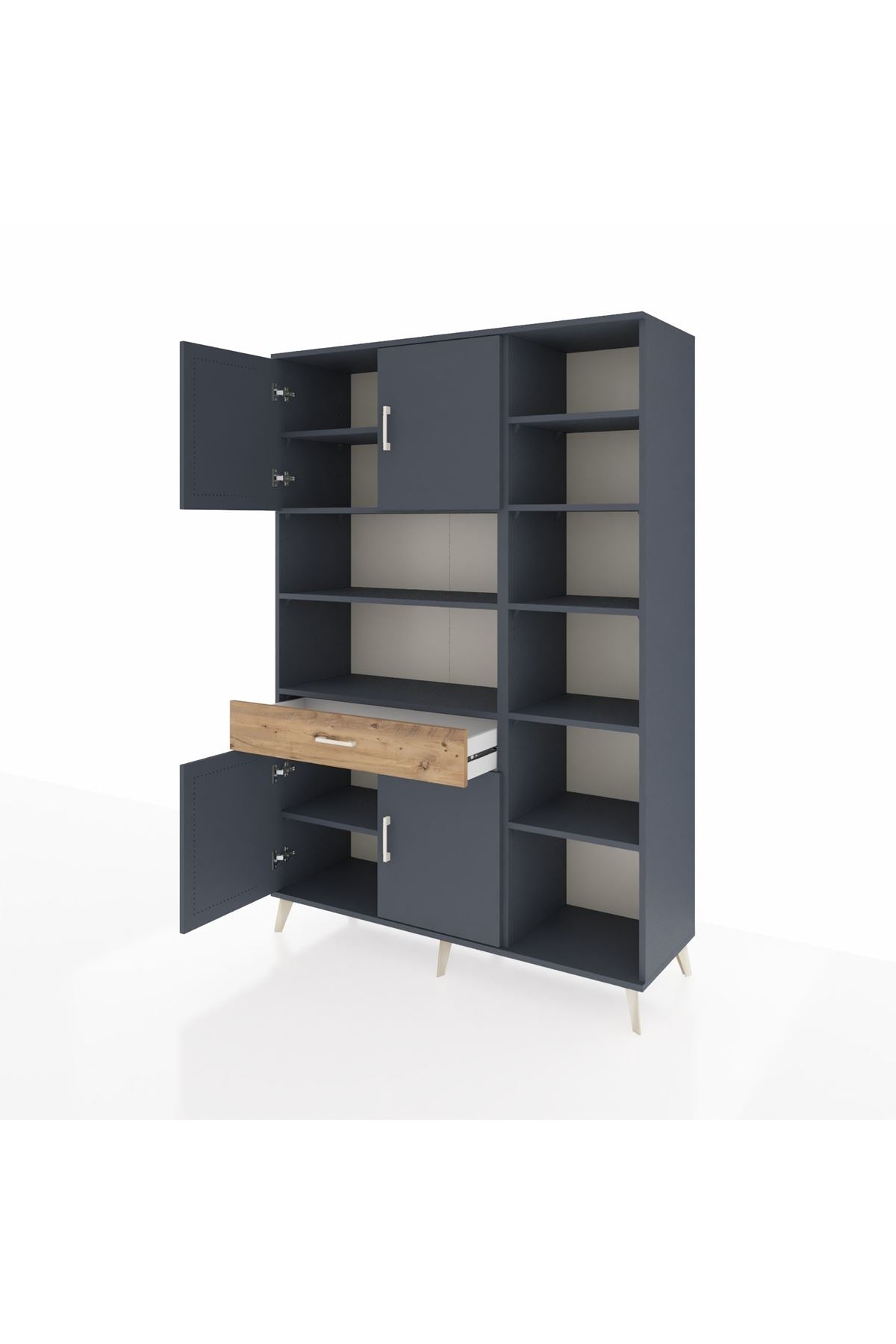 Hyperion Dolap 10 Raflı Tek Çekmeceli 4 Kapaklı 132x44x195 Antrasit-Antrasit/Çam