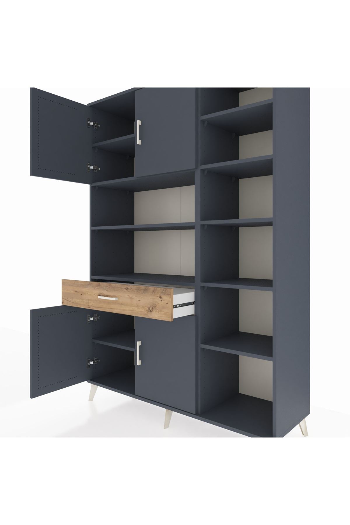 Hyperion Dolap 10 Raflı Tek Çekmeceli 4 Kapaklı 132x44x195 Antrasit-Antrasit/Çam