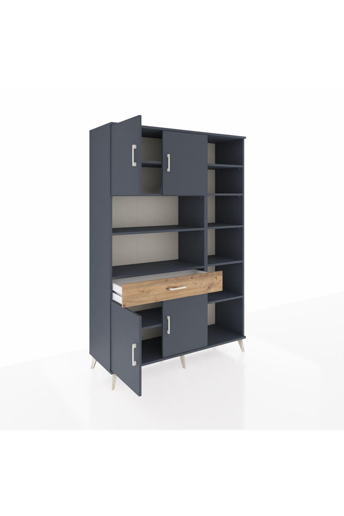 Hyperion Dolap 10 Raflı Tek Çekmeceli 4 Kapaklı 132x44x195 Antrasit-Antrasit/Çam