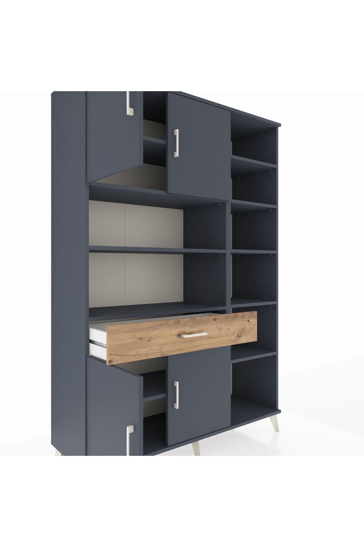 Hyperion Dolap 10 Raflı Tek Çekmeceli 4 Kapaklı 132x44x195 Antrasit-Antrasit/Çam