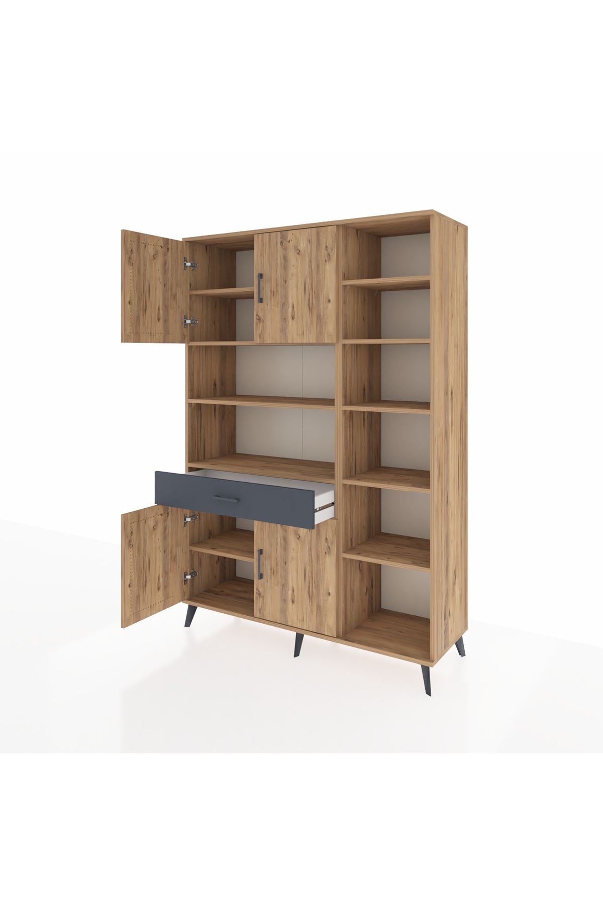 Hyperion Dolap 10 Raflı Tek Çekmeceli 4 Kapaklı 132x44x195 Çam-Çam/Antrasit