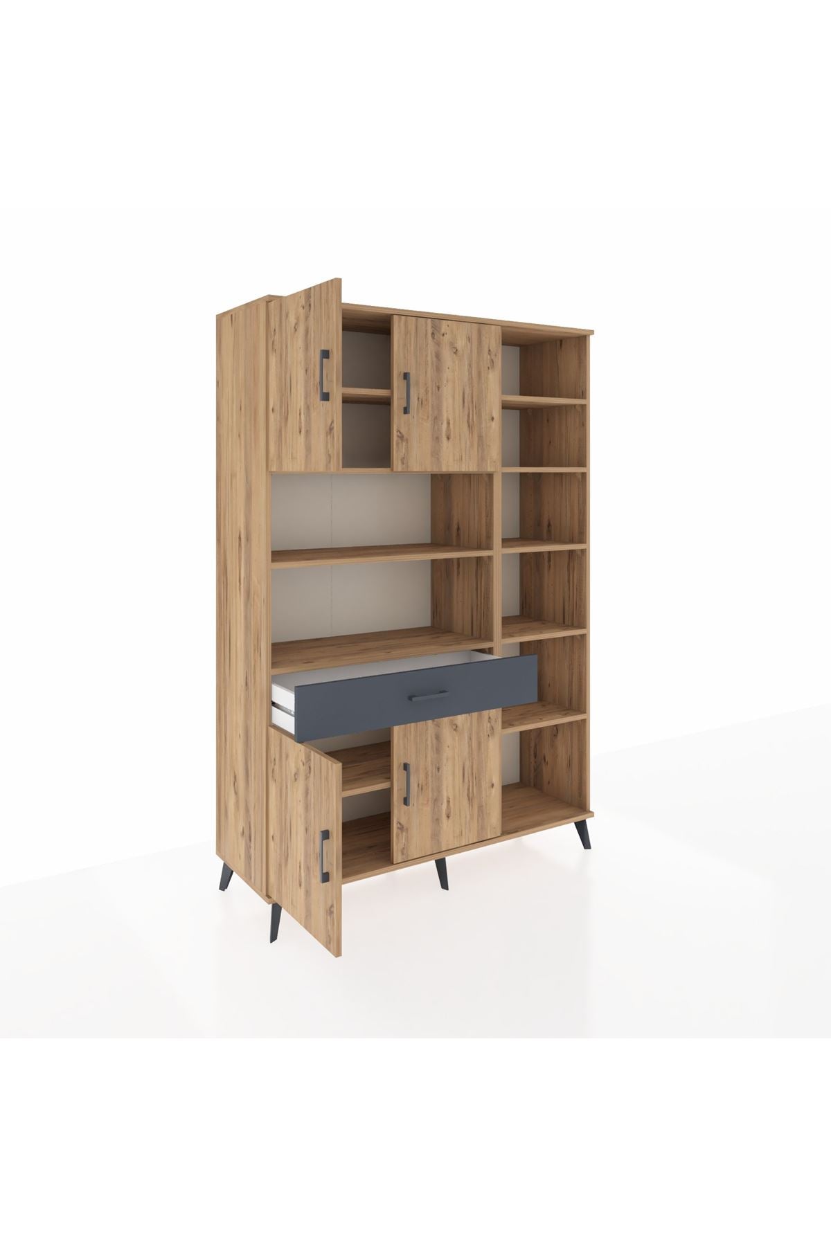 Hyperion Dolap 10 Raflı Tek Çekmeceli 4 Kapaklı 132x44x195 Çam-Çam/Antrasit