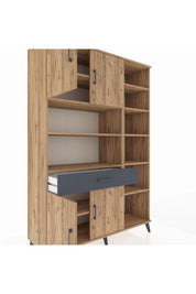 Hyperion Dolap 10 Raflı Tek Çekmeceli 4 Kapaklı 132x44x195 Çam-Çam/Antrasit