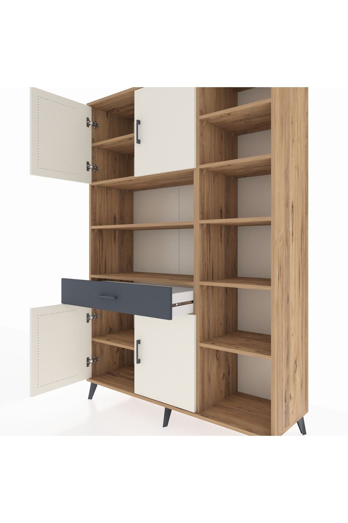 Hyperion Dolap 10 Raflı Tek Çekmeceli 4 Kapaklı 132x44x195 Çam-Aytaşı/Antrasit