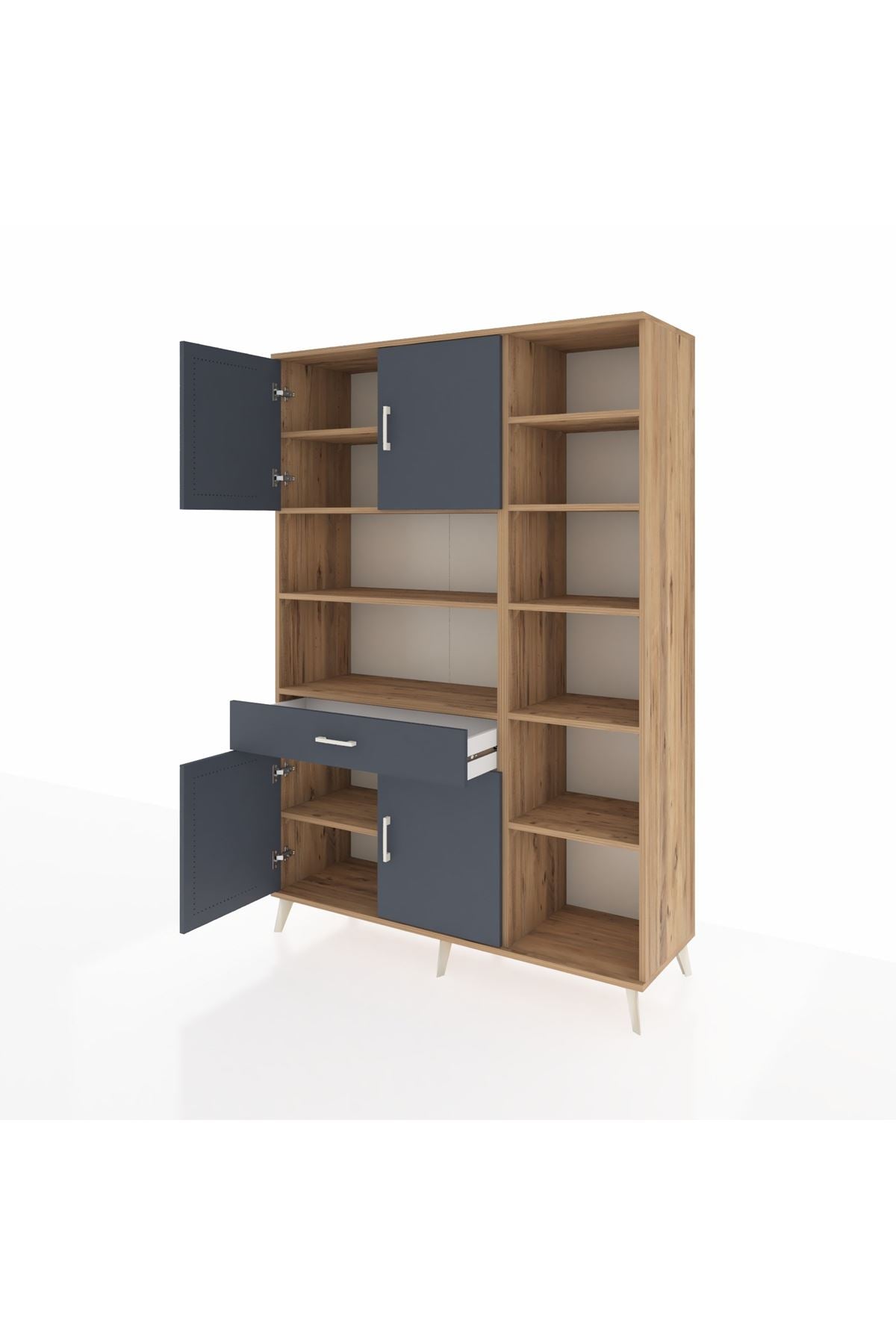 Hyperion Dolap 10 Raflı Tek Çekmeceli 4 Kapaklı 132x44x195 Çam-Antrasit/Antrasit