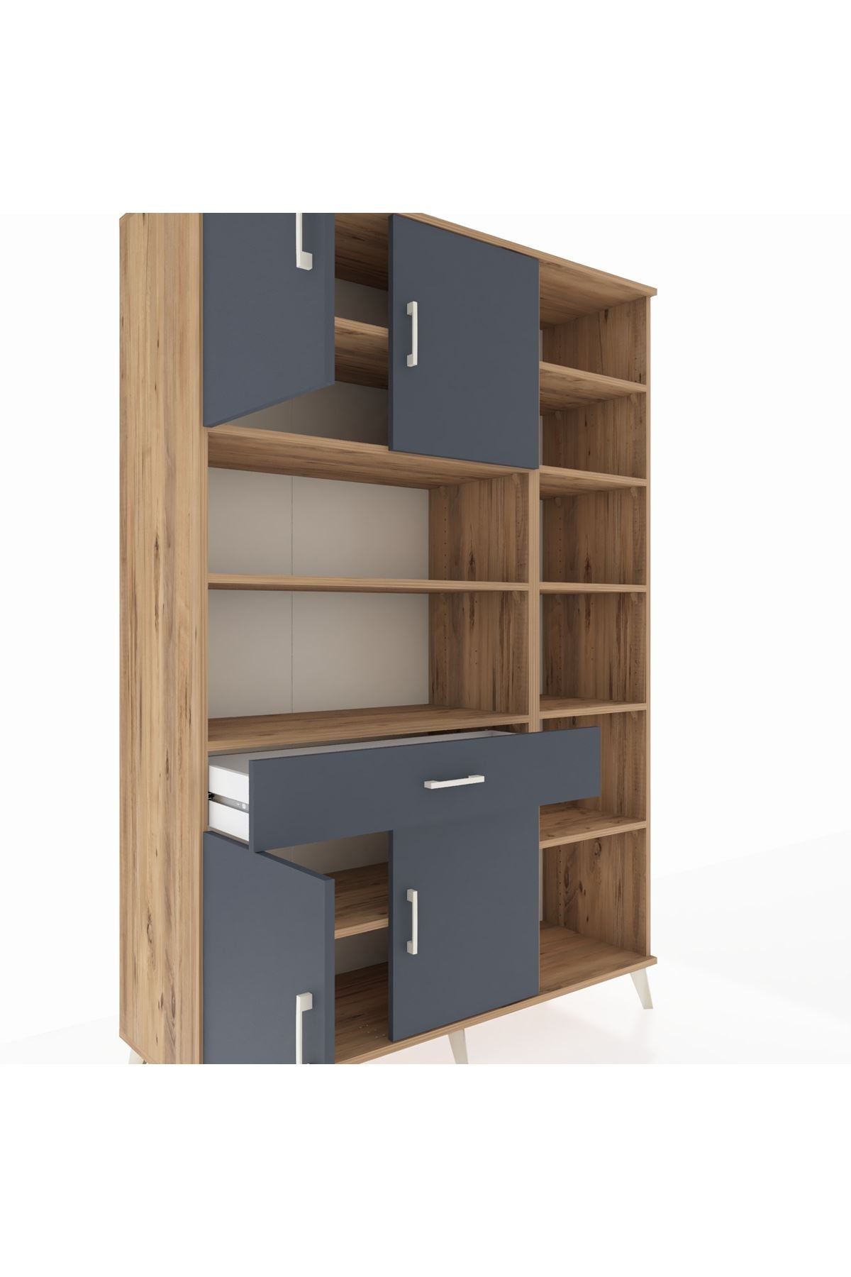 Hyperion Dolap 10 Raflı Tek Çekmeceli 4 Kapaklı 132x44x195 Çam-Antrasit/Antrasit